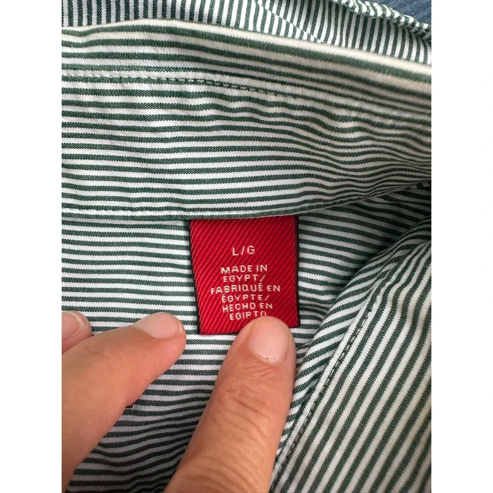 IZOD Luxury Sport Mens Large Green White Striped Button Down Shirt Long Sleeve